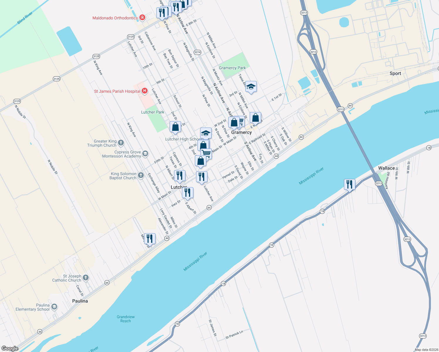 map of restaurants, bars, coffee shops, grocery stores, and more near 1185 Lawrence Street in Lutcher