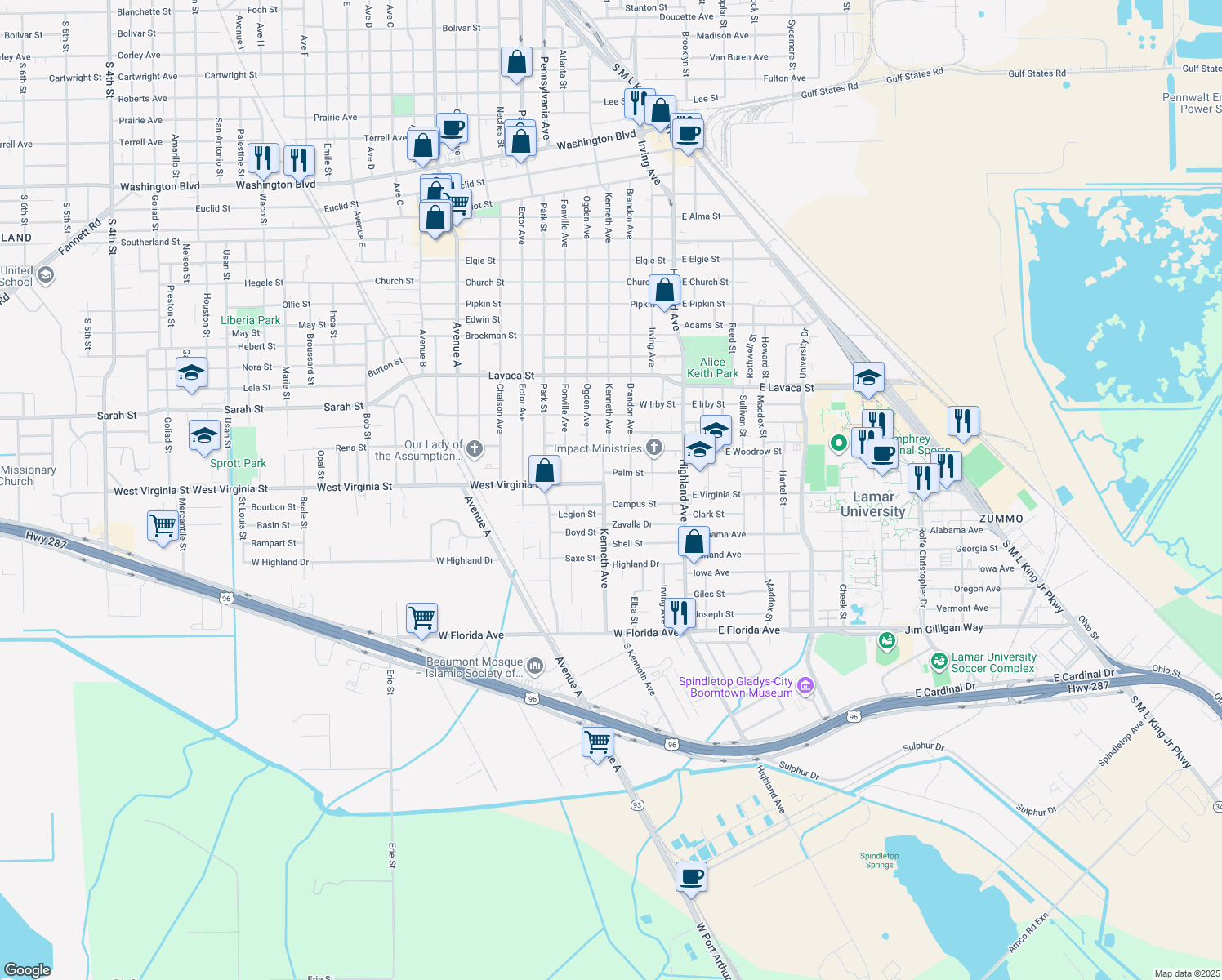 map of restaurants, bars, coffee shops, grocery stores, and more near 4513 Kenneth Avenue in Beaumont