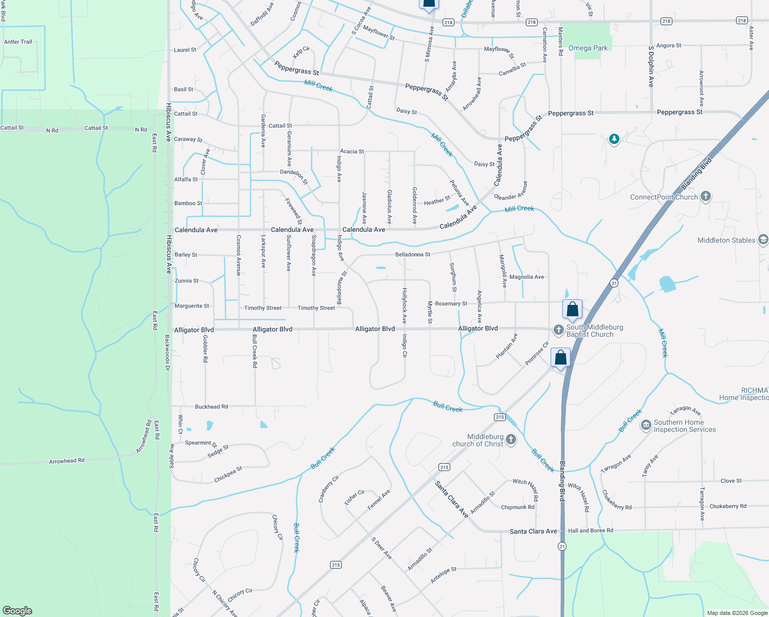 map of restaurants, bars, coffee shops, grocery stores, and more near 2621 Indigo Avenue in Middleburg
