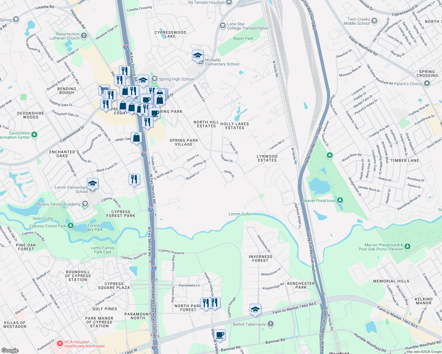 map of restaurants, bars, coffee shops, grocery stores, and more near 18815 Whitewood Drive in Spring
