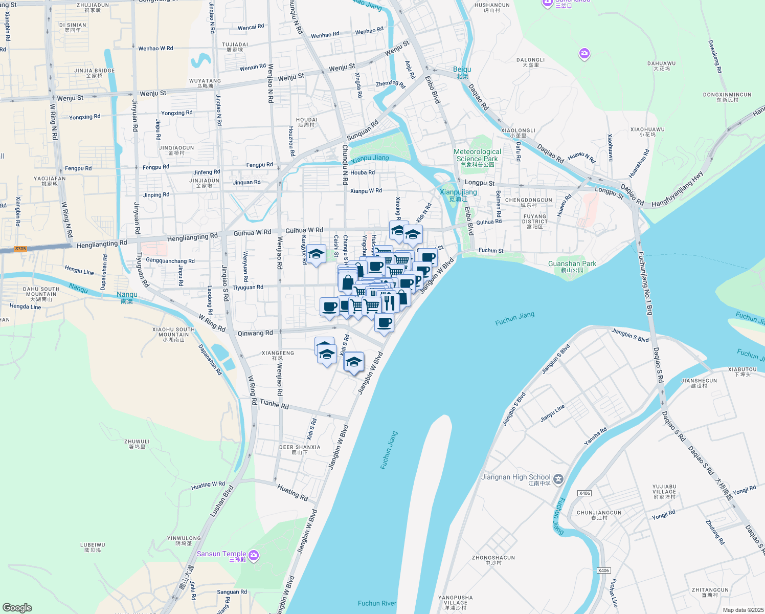 map of restaurants, bars, coffee shops, grocery stores, and more near Xiang Ya Pu Lu in Hang Zhou Shi