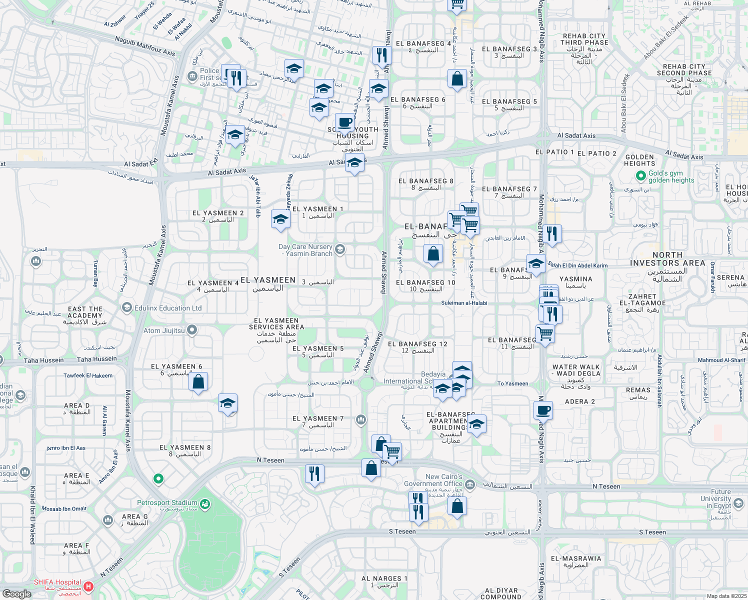 map of restaurants, bars, coffee shops, grocery stores, and more near in New Cairo 1