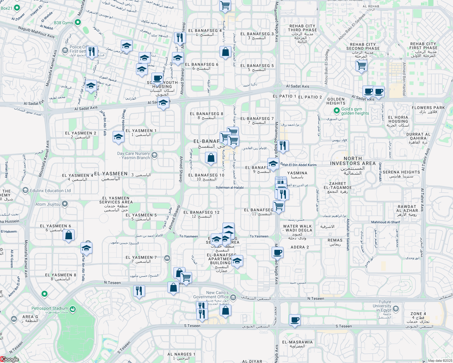 map of restaurants, bars, coffee shops, grocery stores, and more near د/ احمد عكاشة in New Cairo 1