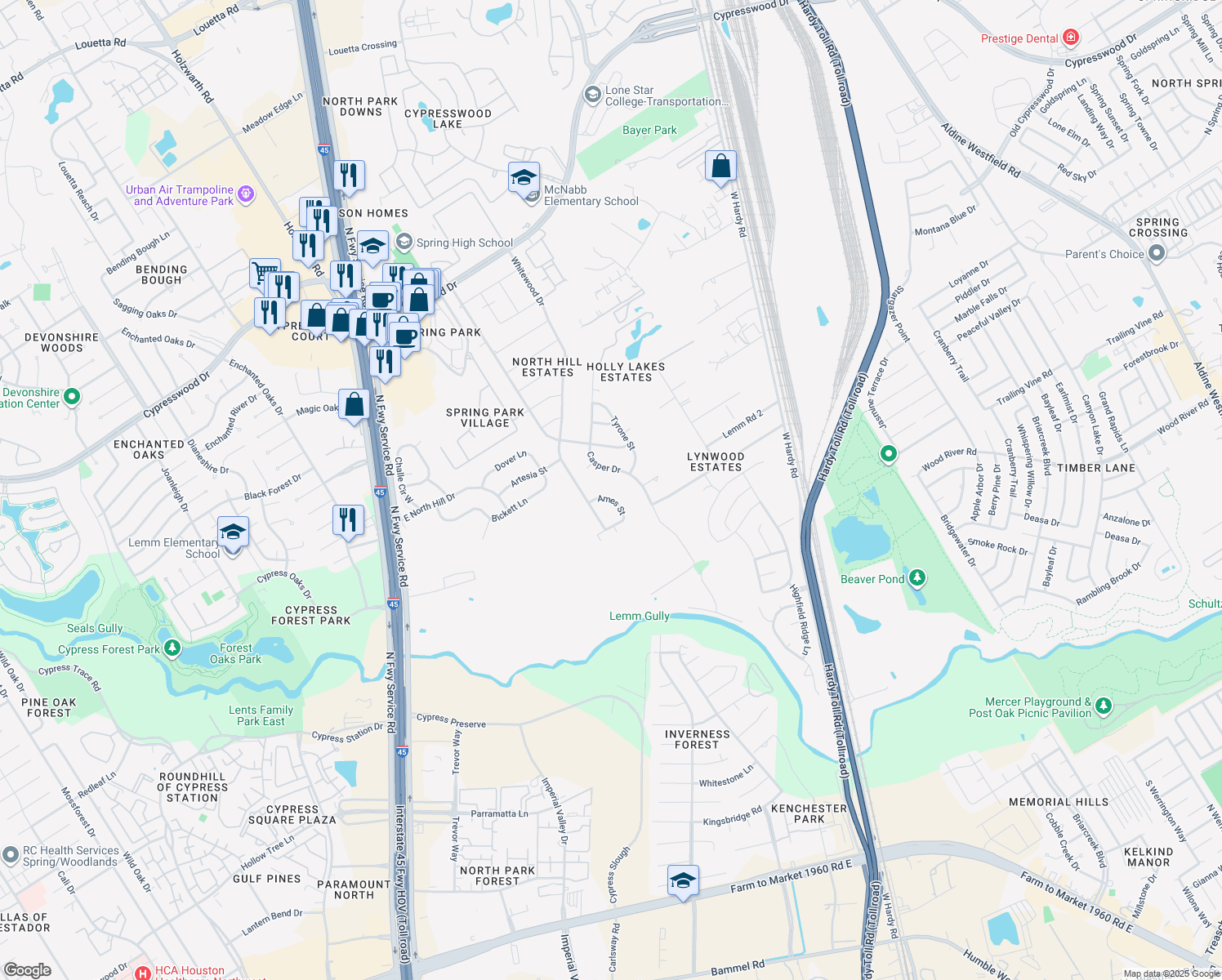 map of restaurants, bars, coffee shops, grocery stores, and more near 642 Ames St in Spring