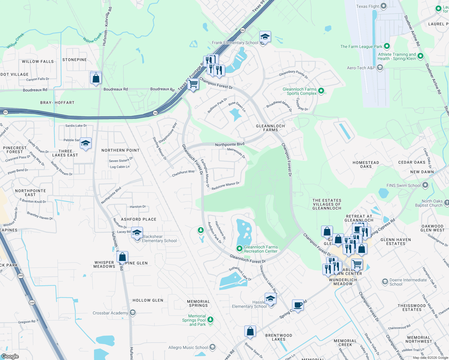 map of restaurants, bars, coffee shops, grocery stores, and more near 1602 Noble Pointe Dr in Spring