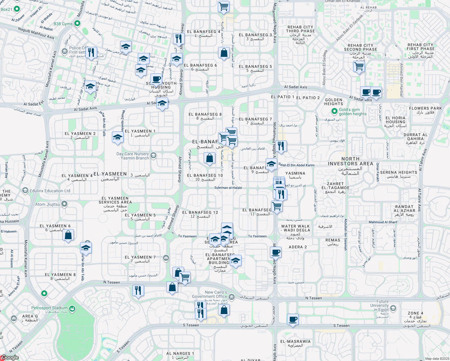 map of restaurants, bars, coffee shops, grocery stores, and more near د/ احمد عكاشة in New Cairo 1