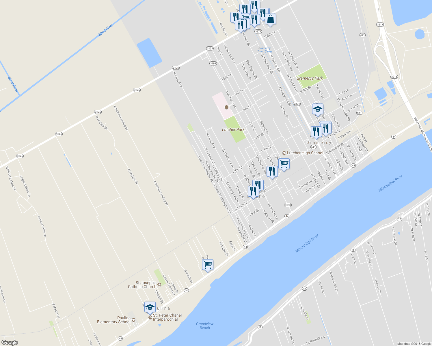map of restaurants, bars, coffee shops, grocery stores, and more near 2467 West Lebray Street in Lutcher