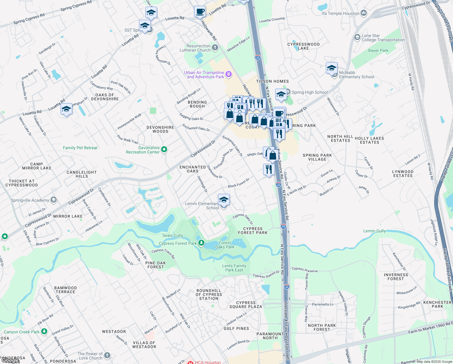 map of restaurants, bars, coffee shops, grocery stores, and more near 19111 Dianeshire Drive in Spring