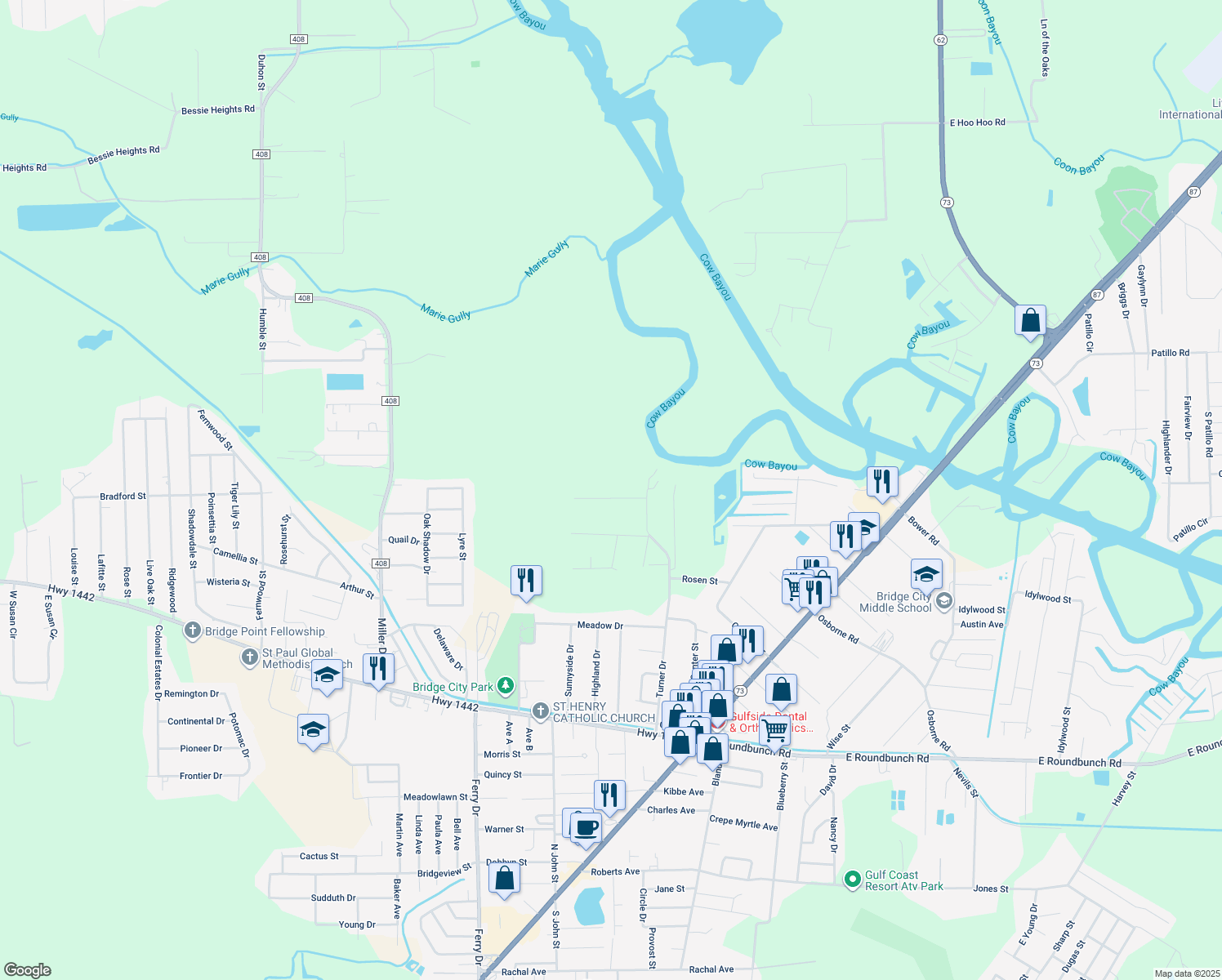 map of restaurants, bars, coffee shops, grocery stores, and more near 200 Jennie Lane in Bridge City