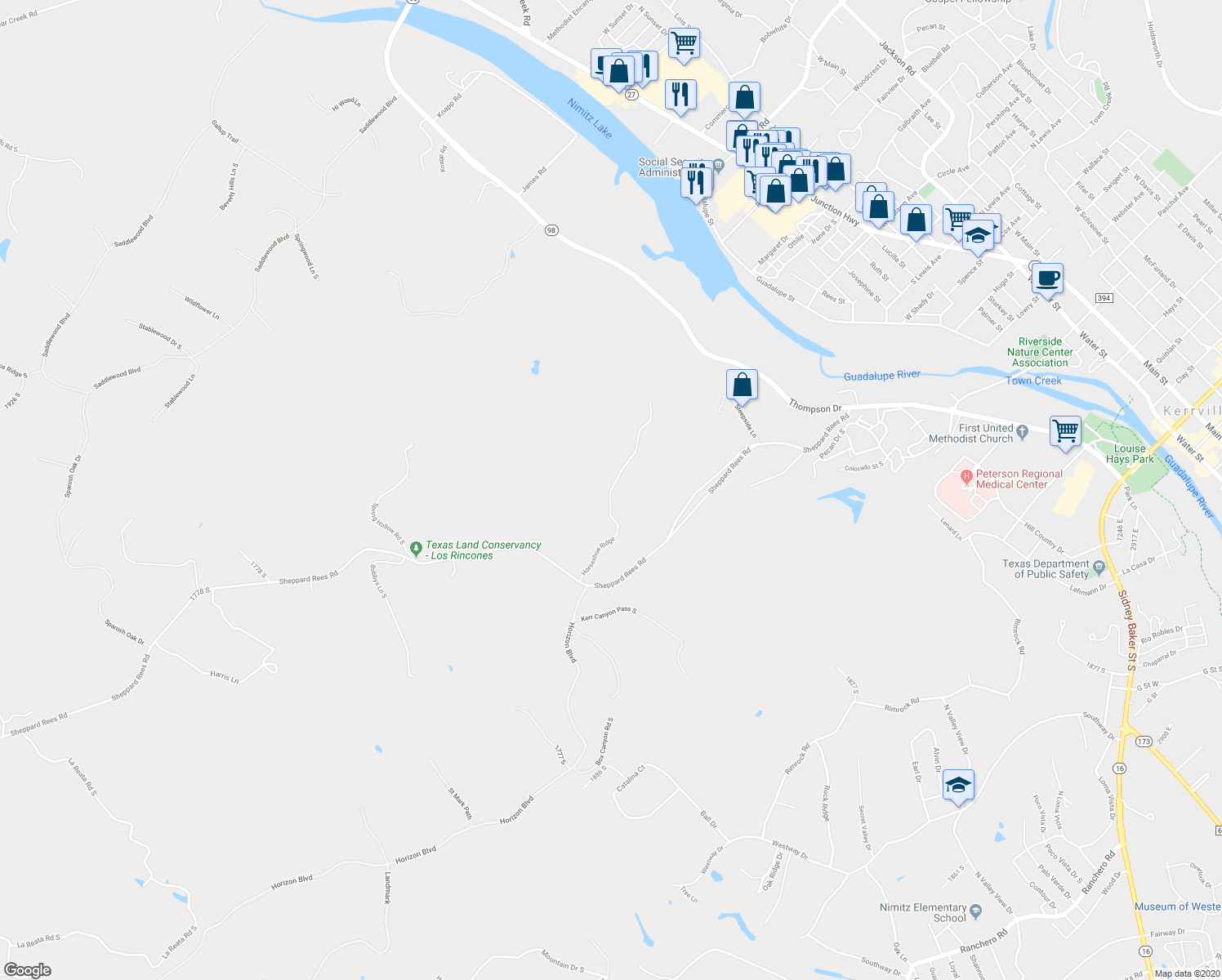 map of restaurants, bars, coffee shops, grocery stores, and more near 434 Horseshoe Ridge in Kerrville