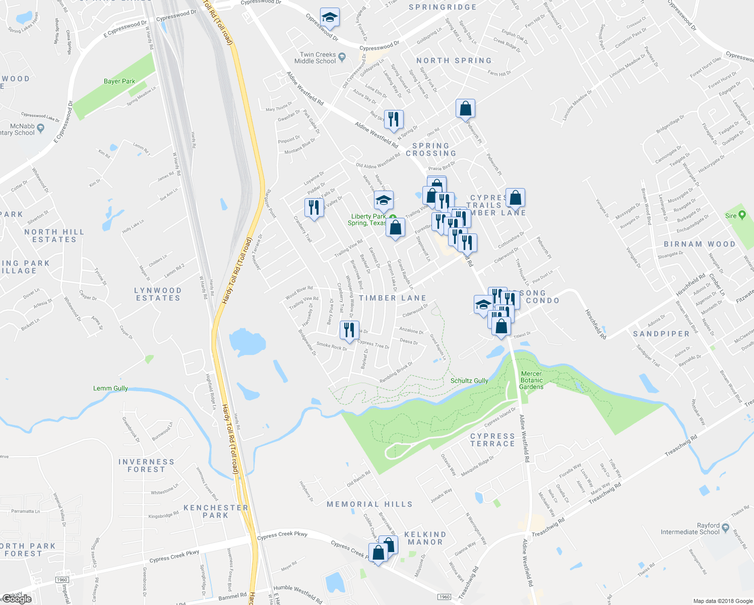 map of restaurants, bars, coffee shops, grocery stores, and more near 23126 Bayleaf Drive in Spring
