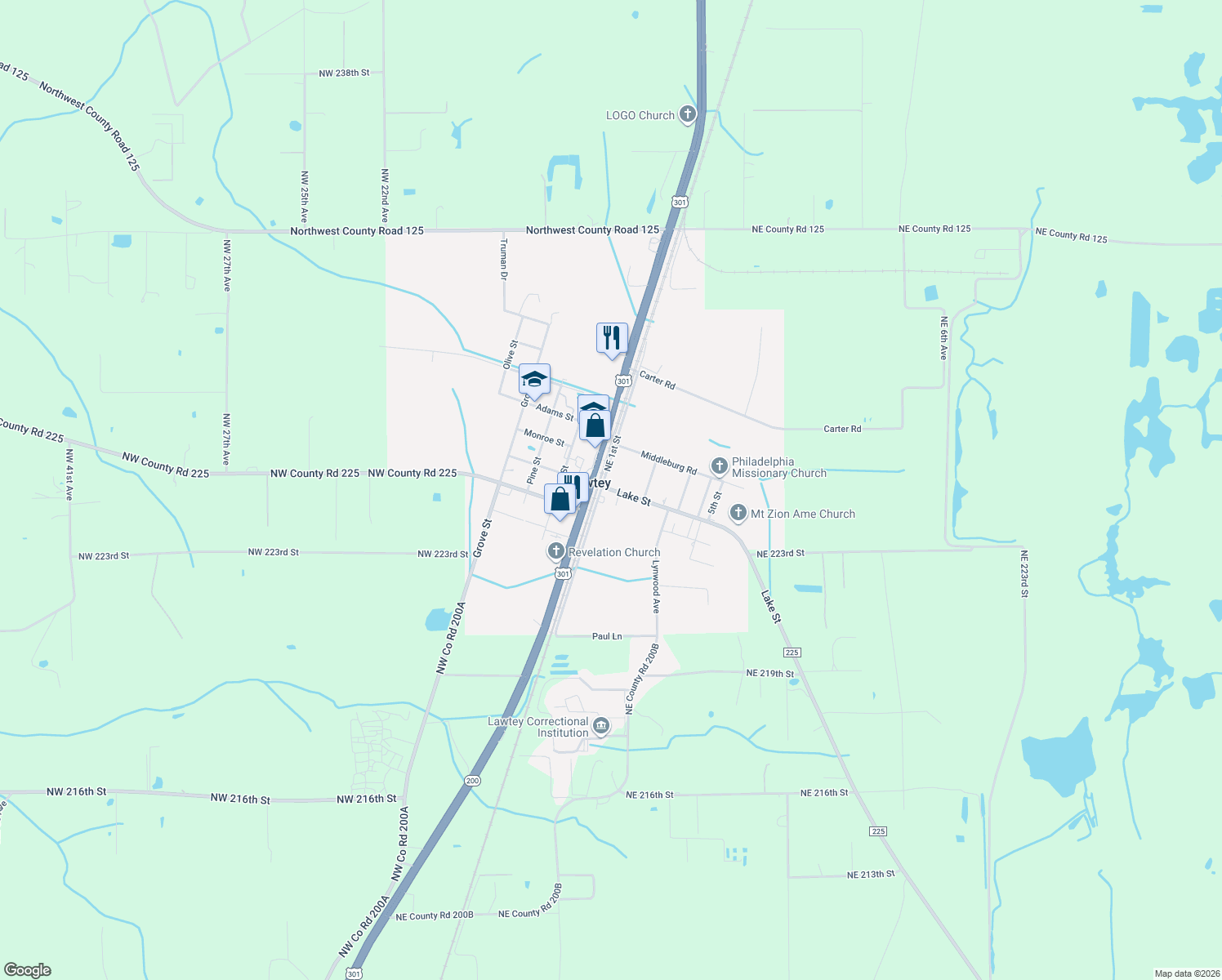 map of restaurants, bars, coffee shops, grocery stores, and more near 2314 Lake Street in Lawtey