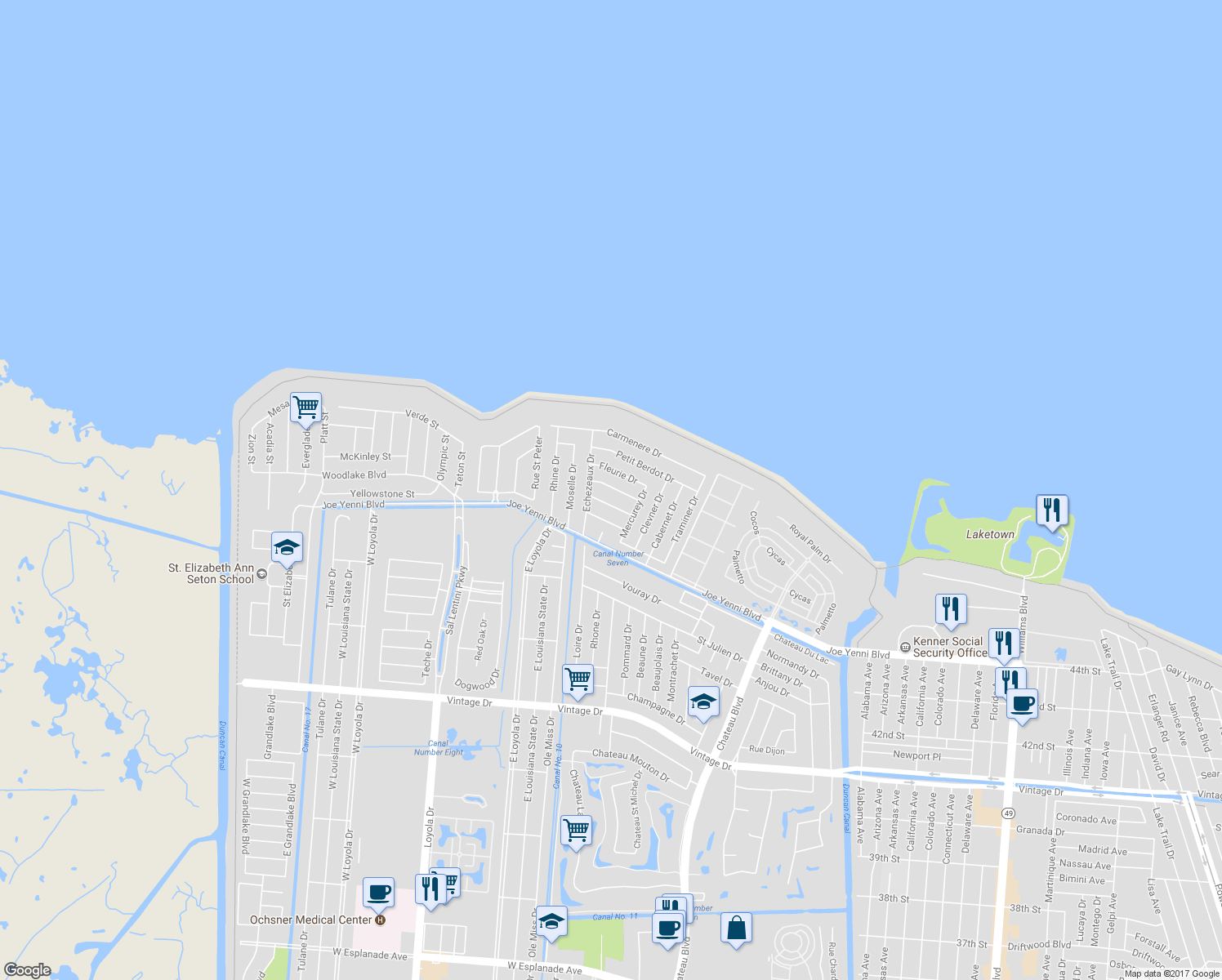 map of restaurants, bars, coffee shops, grocery stores, and more near 645 Chambertin Drive in Kenner
