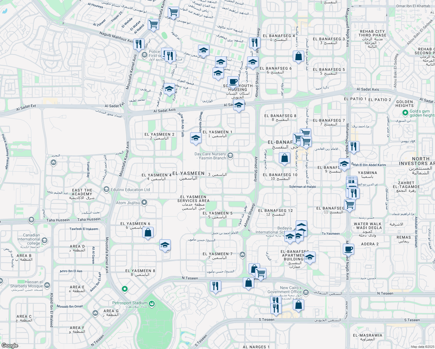 map of restaurants, bars, coffee shops, grocery stores, and more near 3 ميدان الياسمين in قسم أول القاهرة الجديدة