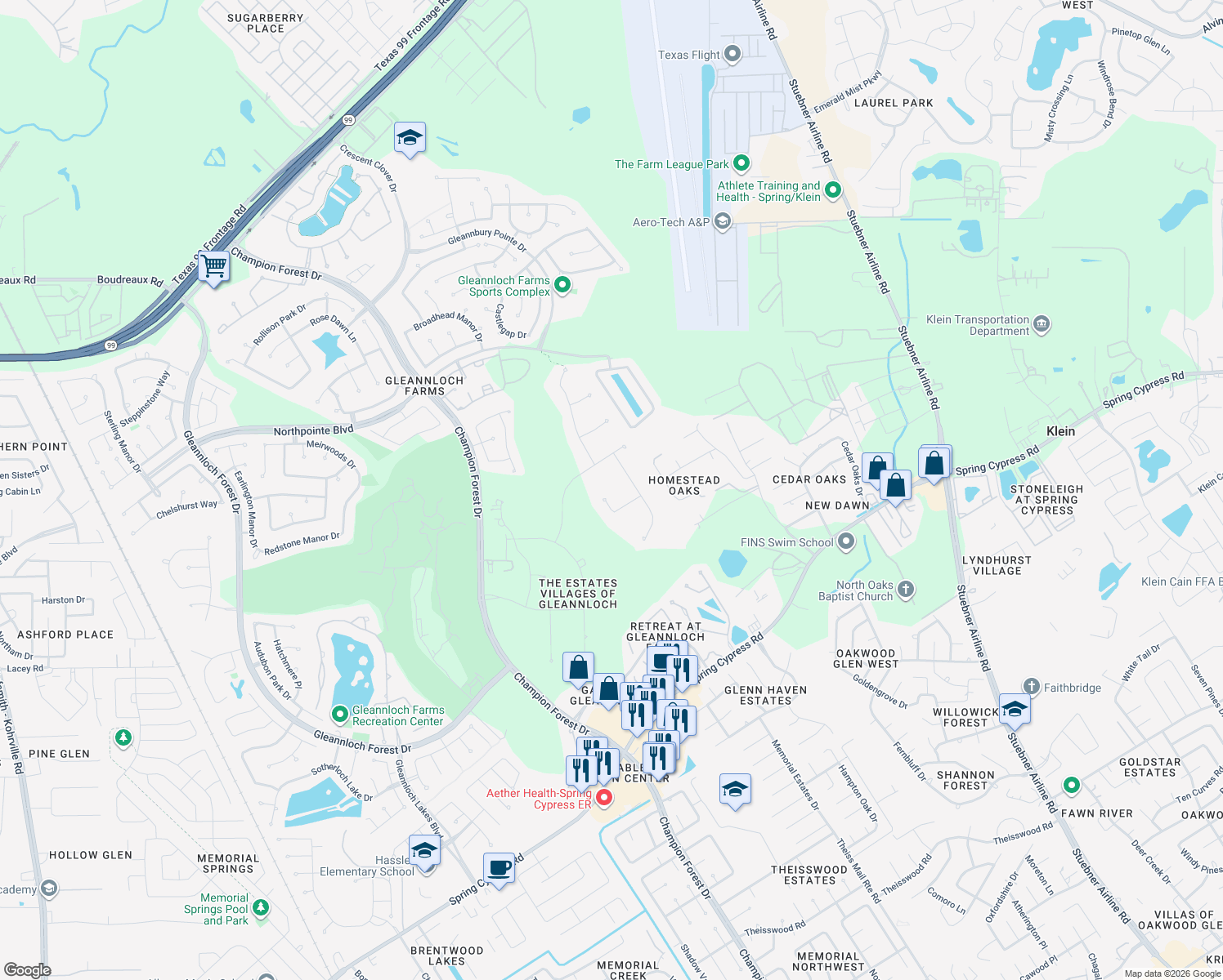 map of restaurants, bars, coffee shops, grocery stores, and more near 7 Lillington Manor Court in Spring