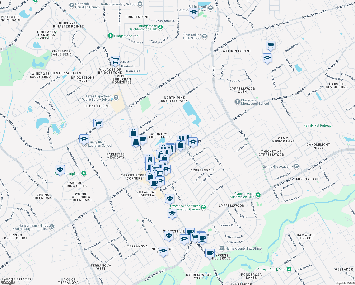 map of restaurants, bars, coffee shops, grocery stores, and more near 4506 Countryside View Court in Spring