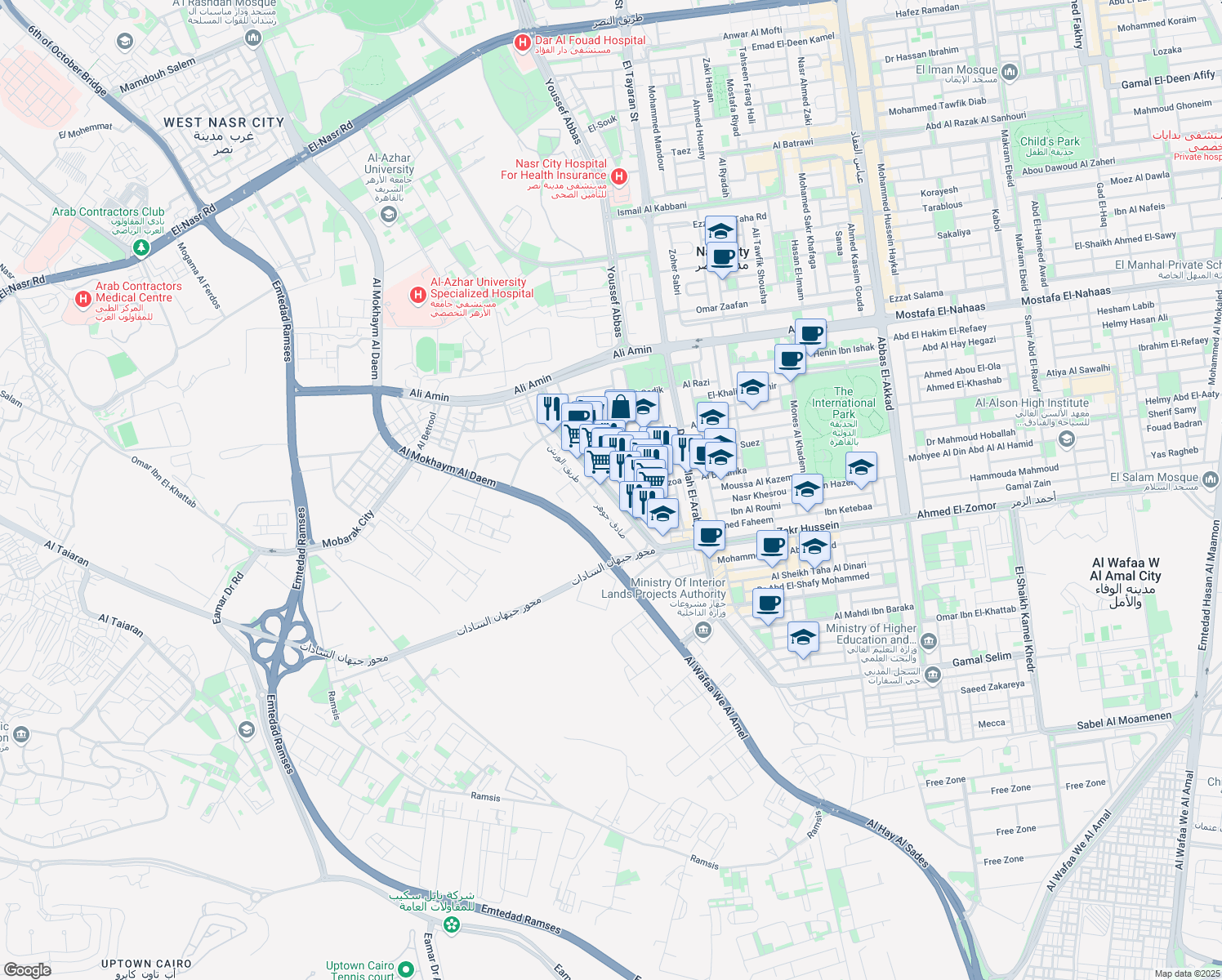 map of restaurants, bars, coffee shops, grocery stores, and more near Al Khalifa Al Zaher in Nasr City