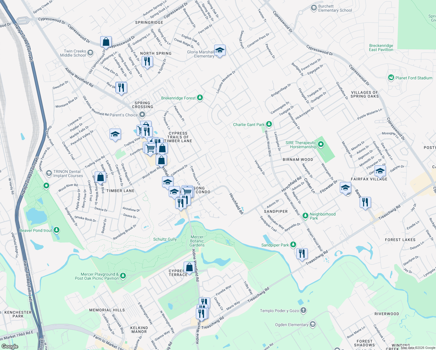 map of restaurants, bars, coffee shops, grocery stores, and more near 22714 Pebworth Place in Spring