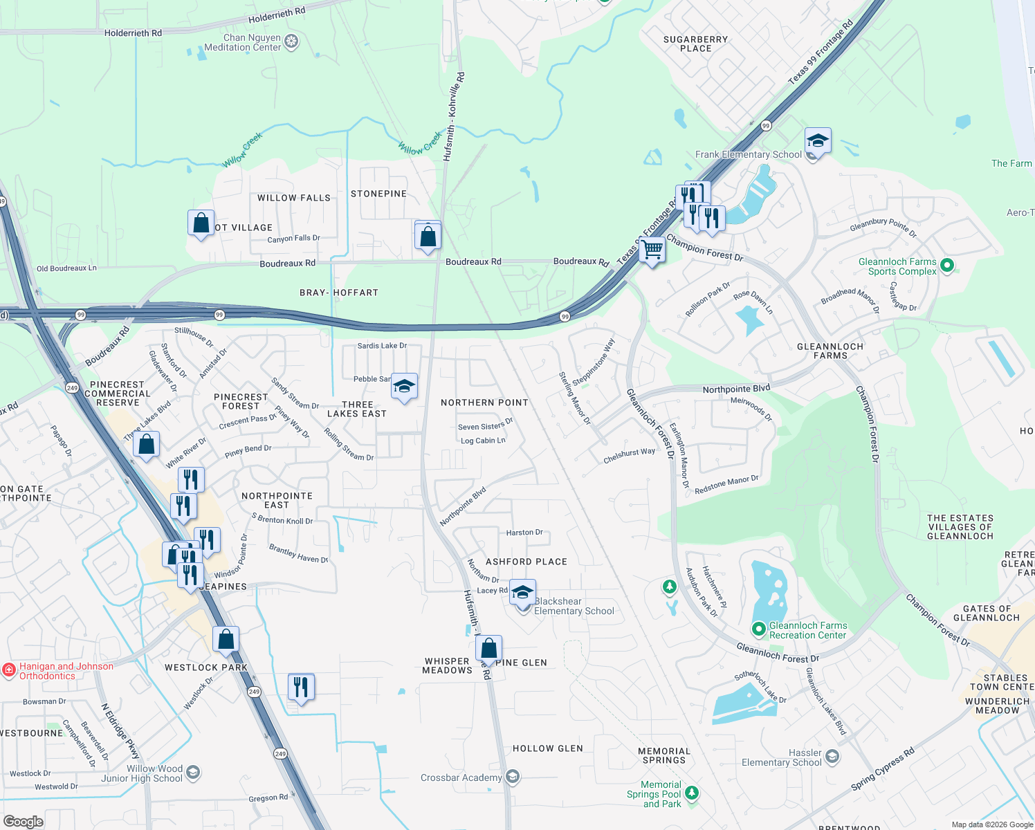 map of restaurants, bars, coffee shops, grocery stores, and more near 19506 Bold River Road in Tomball