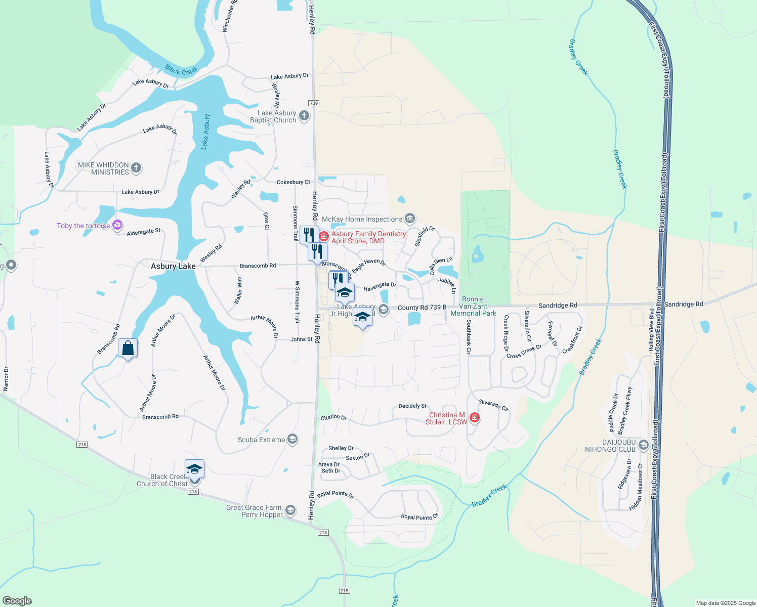map of restaurants, bars, coffee shops, grocery stores, and more near 2531 Sandhaven Court in Green Cove Springs