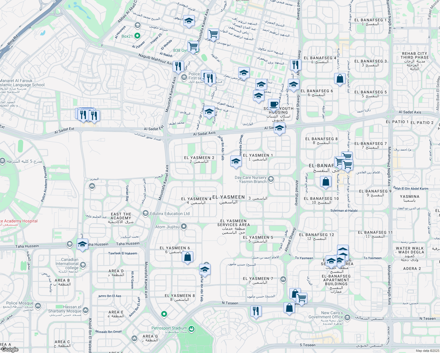 map of restaurants, bars, coffee shops, grocery stores, and more near in New Cairo 1