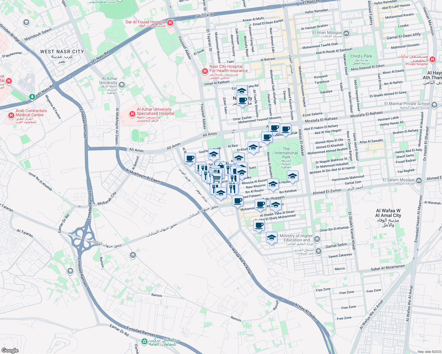 map of restaurants, bars, coffee shops, grocery stores, and more near in Nasr City