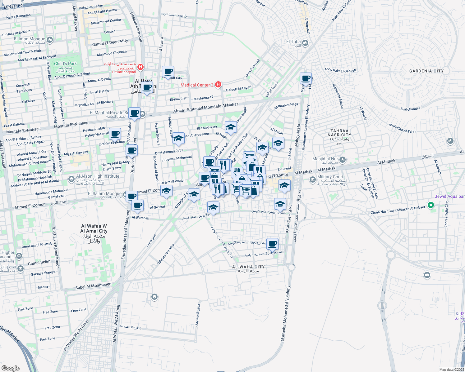 map of restaurants, bars, coffee shops, grocery stores, and more near Ahmed El-Zomor in Nasr City