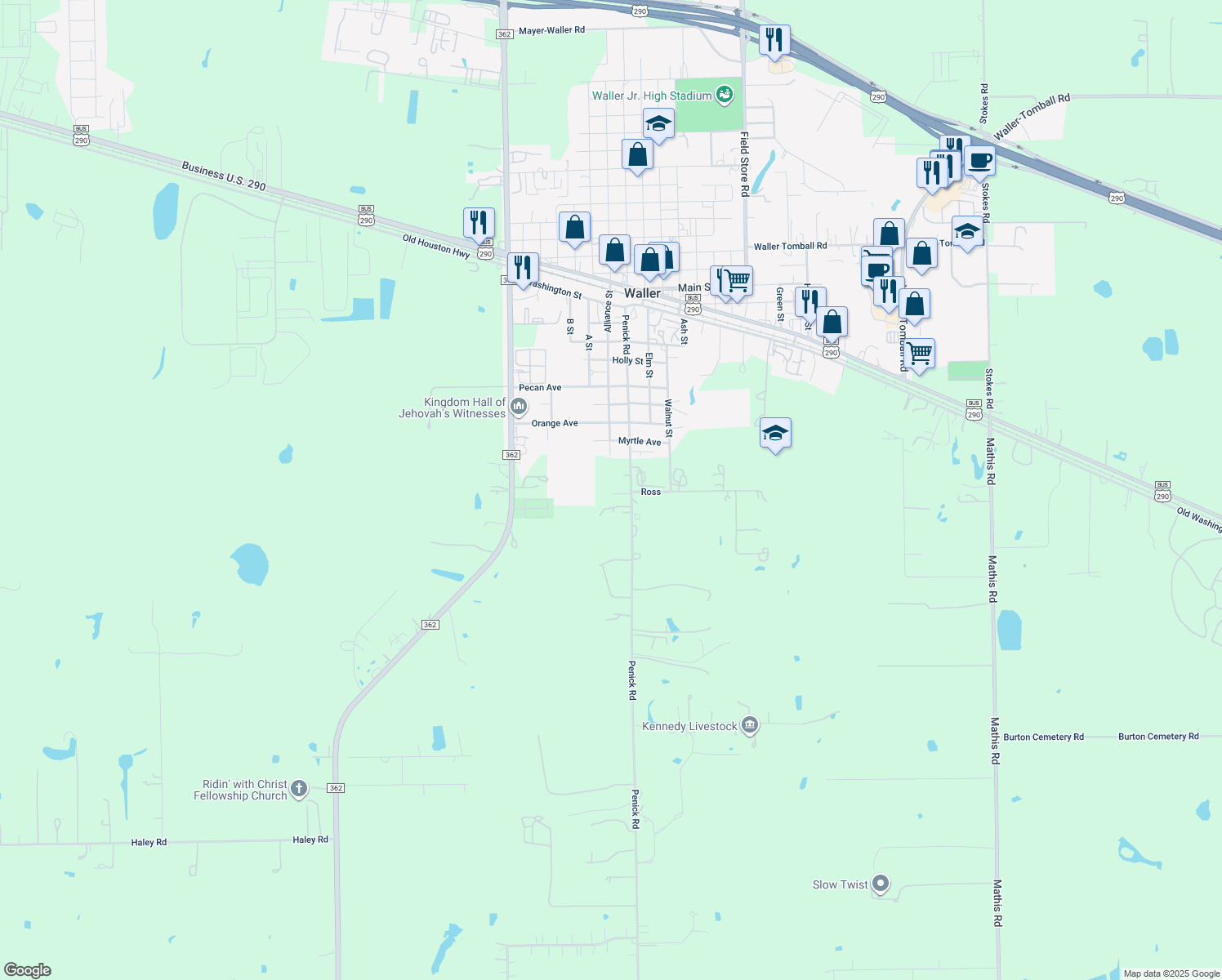 map of restaurants, bars, coffee shops, grocery stores, and more near 18803 Penick Rd in Waller