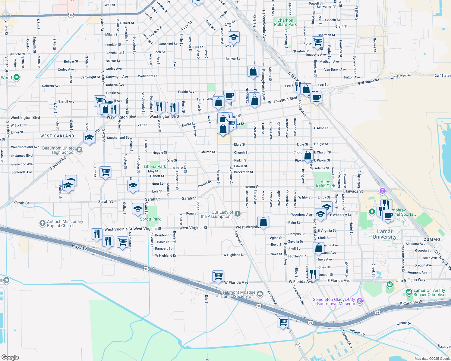 map of restaurants, bars, coffee shops, grocery stores, and more near 4015 Inez Avenue in Beaumont