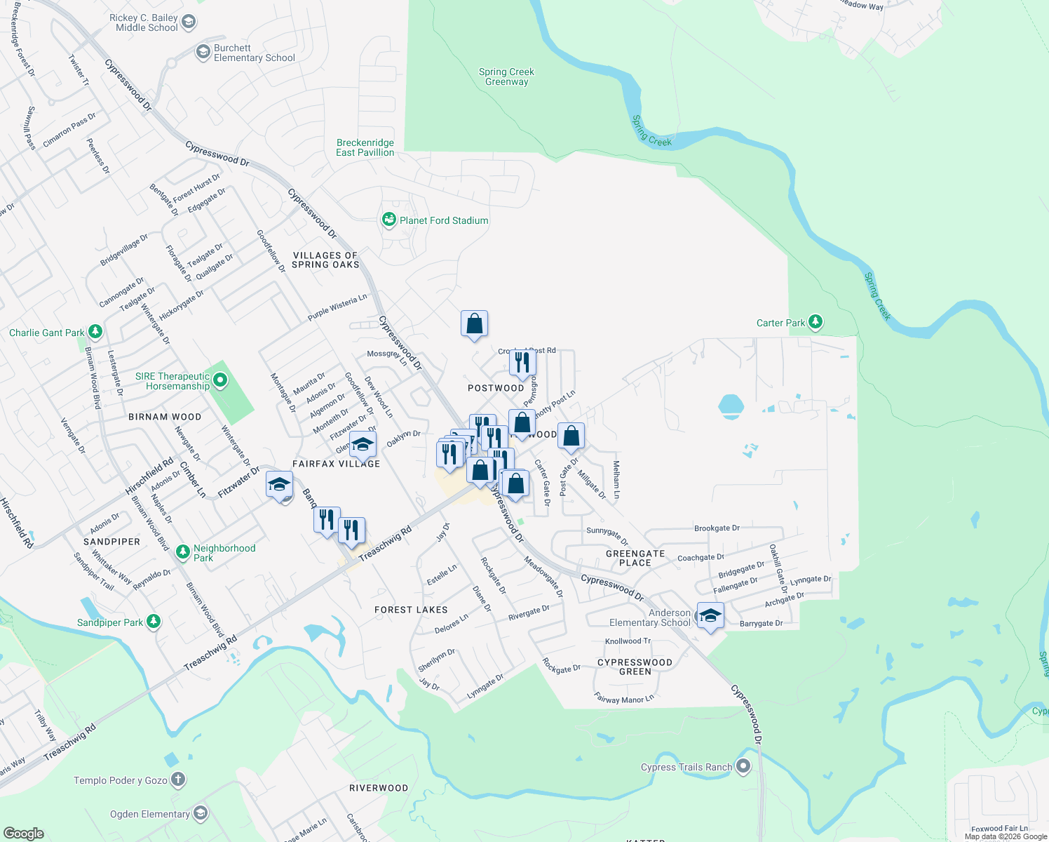 map of restaurants, bars, coffee shops, grocery stores, and more near 23007 Good Dale Lane in Spring