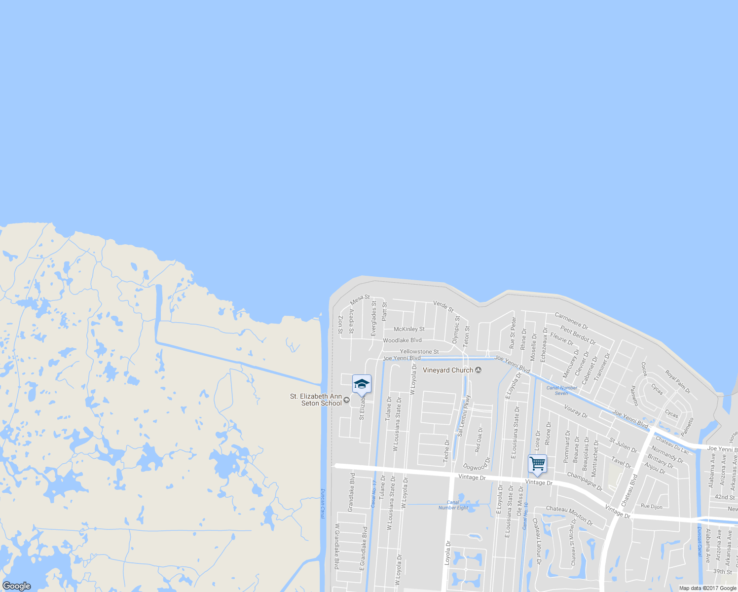 map of restaurants, bars, coffee shops, grocery stores, and more near 26 Mesa Street in Kenner