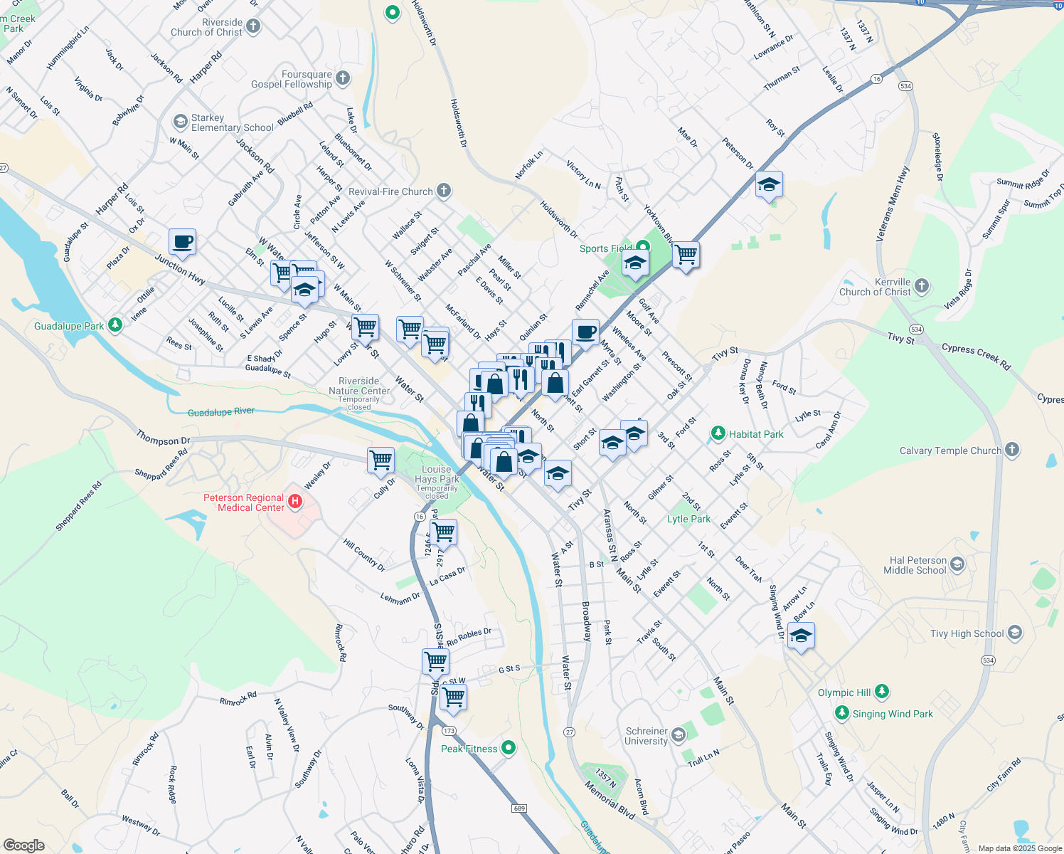 map of restaurants, bars, coffee shops, grocery stores, and more near 412 Earl Garrett Street in Kerrville