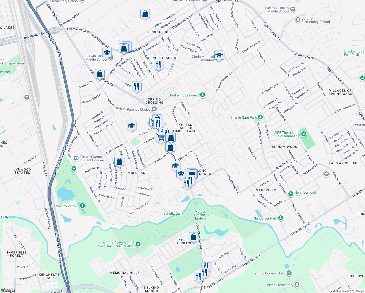 map of restaurants, bars, coffee shops, grocery stores, and more near 23215 Summer Pine Dr in Spring