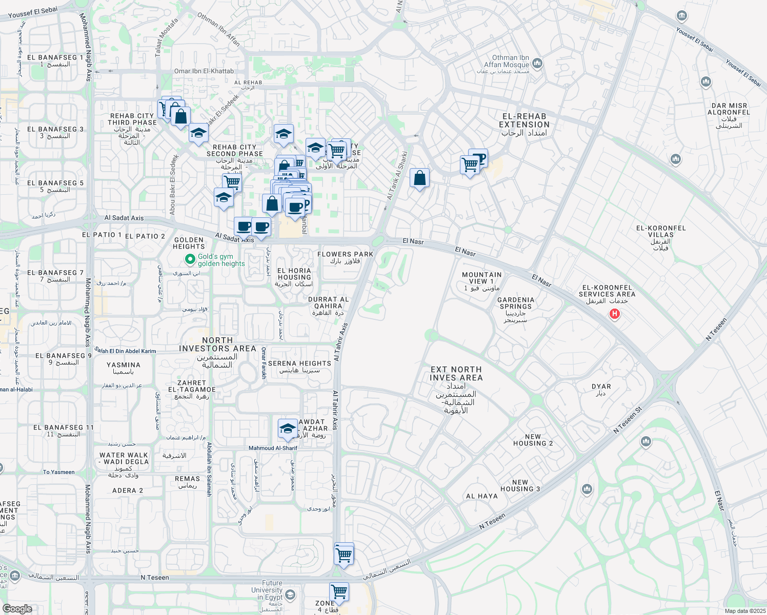 map of restaurants, bars, coffee shops, grocery stores, and more near in Second New Cairo