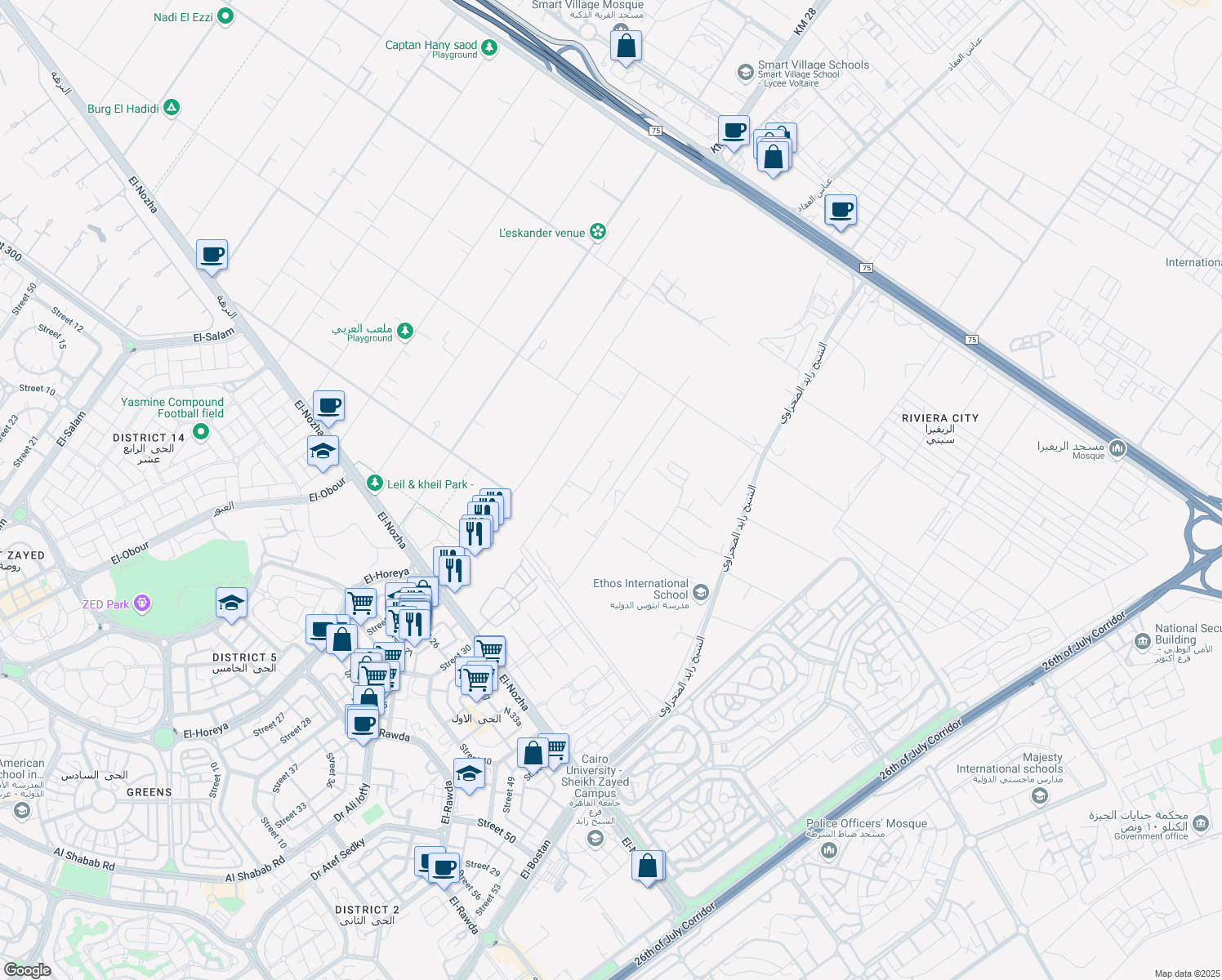 map of restaurants, bars, coffee shops, grocery stores, and more near in First Al Sheikh Zayed