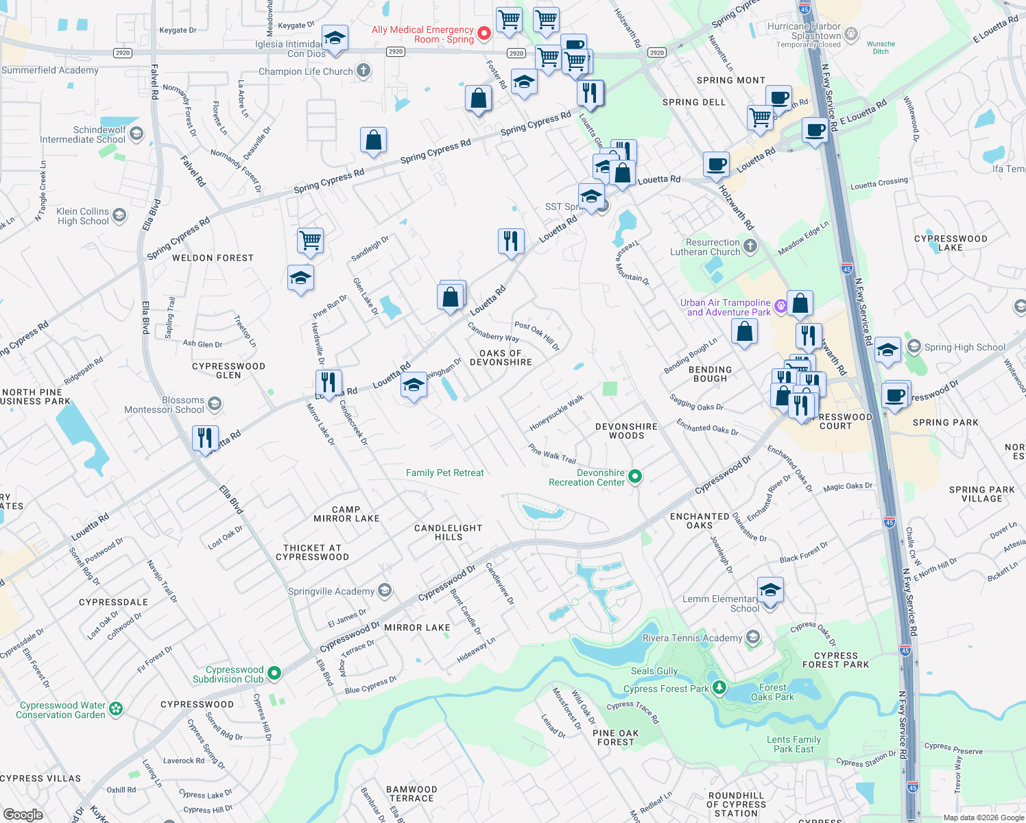 map of restaurants, bars, coffee shops, grocery stores, and more near 2735 Alderleaf Pl in Spring
