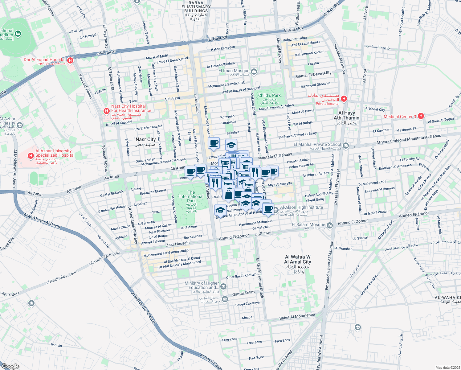 map of restaurants, bars, coffee shops, grocery stores, and more near Ahmed Abou El-Ola in Nasr City
