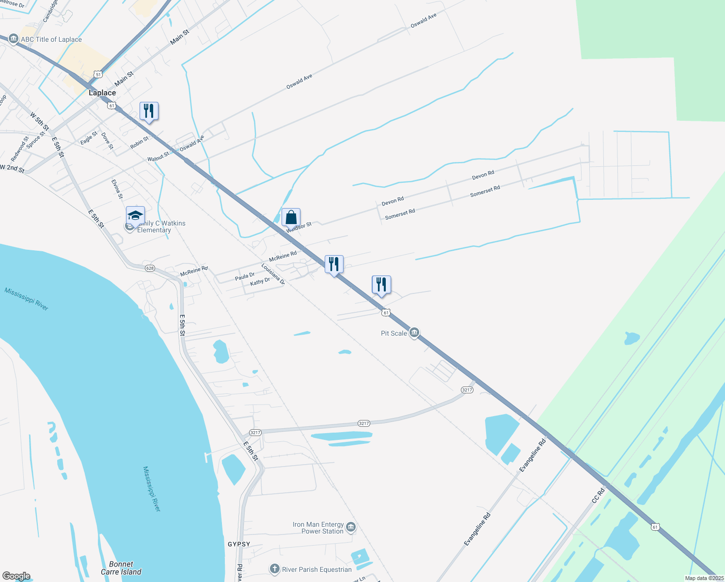 map of restaurants, bars, coffee shops, grocery stores, and more near 1161 East Airline Highway in LaPlace