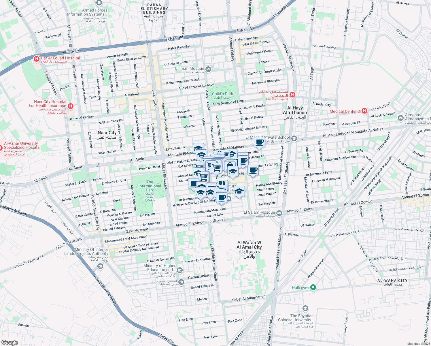 map of restaurants, bars, coffee shops, grocery stores, and more near 25 Samir Abd El-Raouf in Nasr City