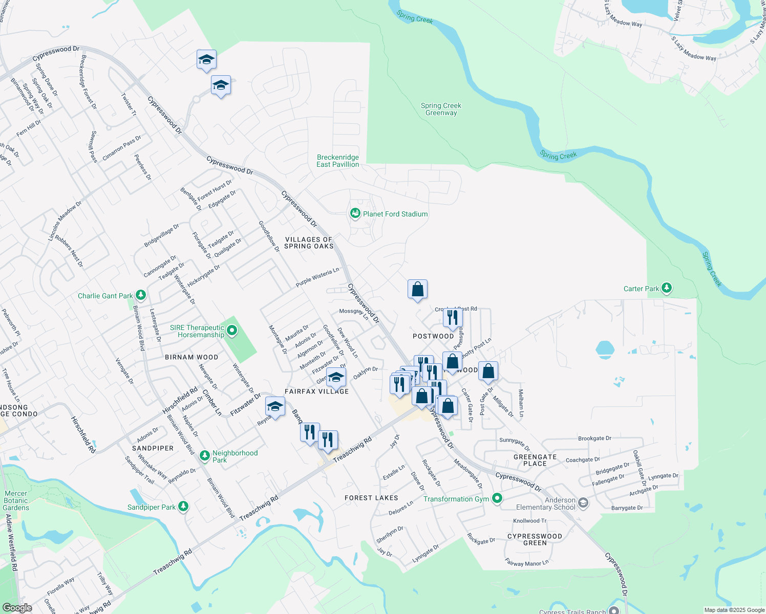 map of restaurants, bars, coffee shops, grocery stores, and more near 23222 Postwood Park Lane in Spring