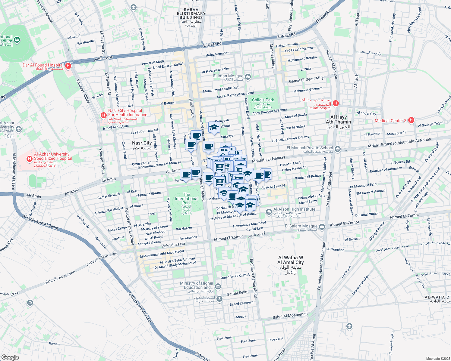map of restaurants, bars, coffee shops, grocery stores, and more near Ahmed Abou El-Ola in Nasr City