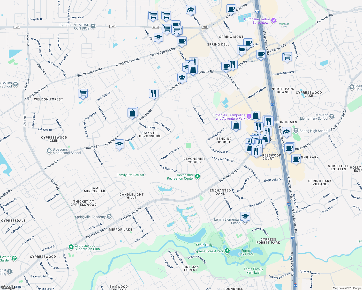 map of restaurants, bars, coffee shops, grocery stores, and more near 2522 Honeysuckle Walk in Spring
