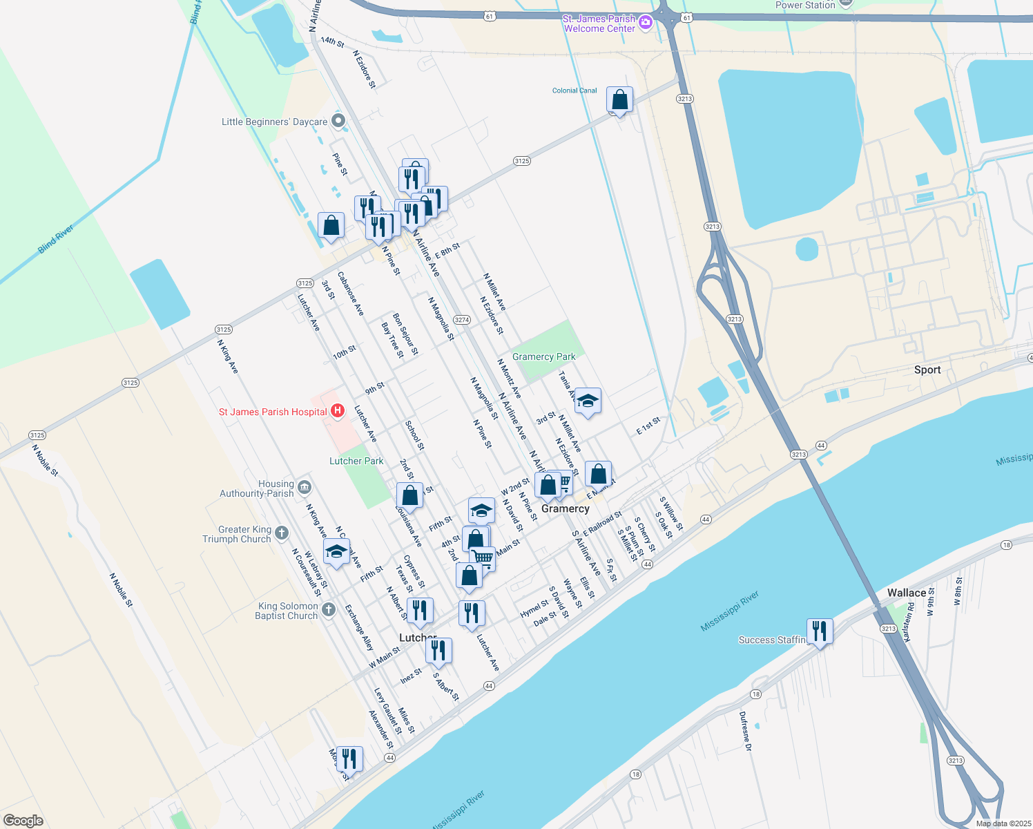 map of restaurants, bars, coffee shops, grocery stores, and more near 326 North Airline Avenue in Gramercy