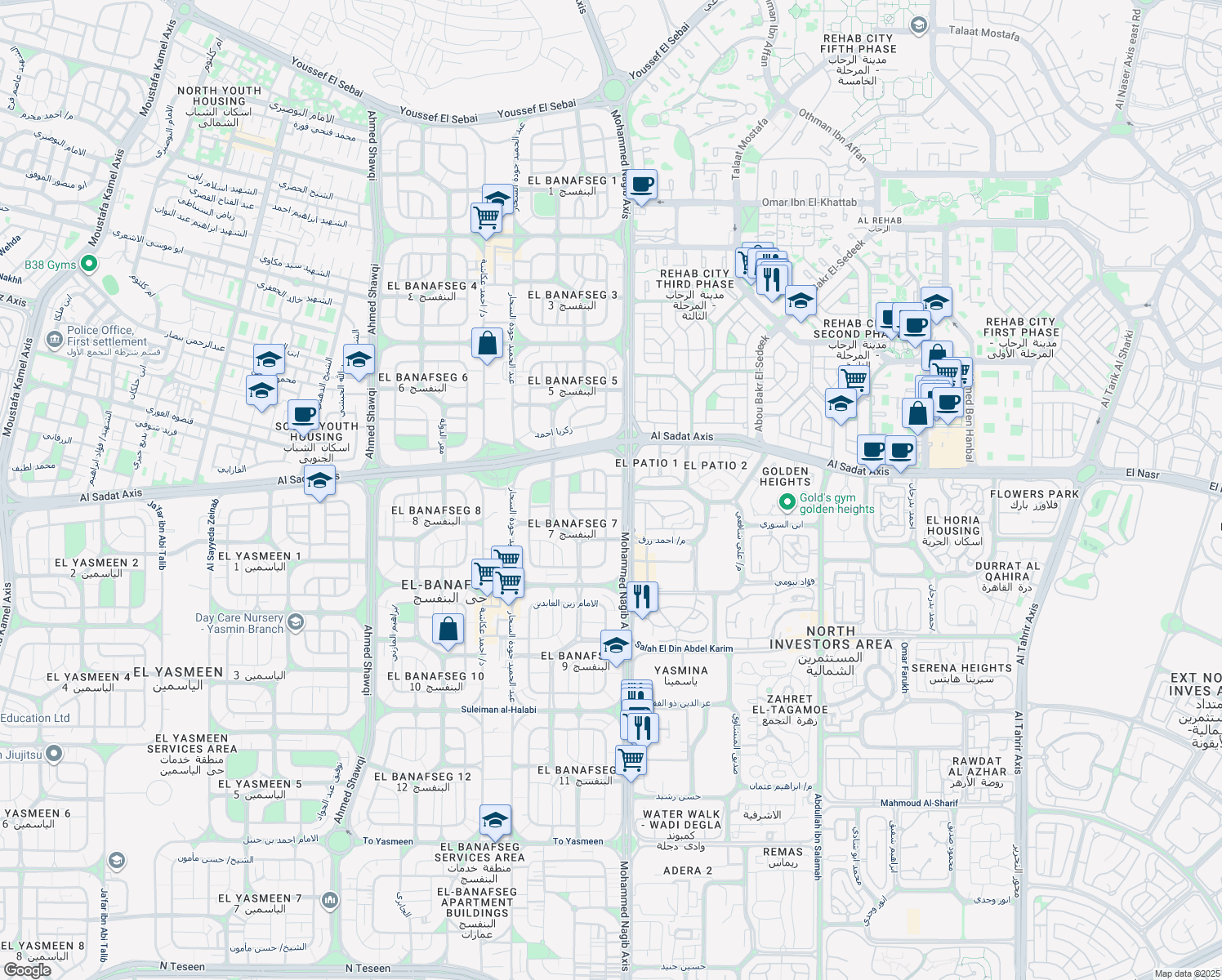 map of restaurants, bars, coffee shops, grocery stores, and more near in New Cairo 1
