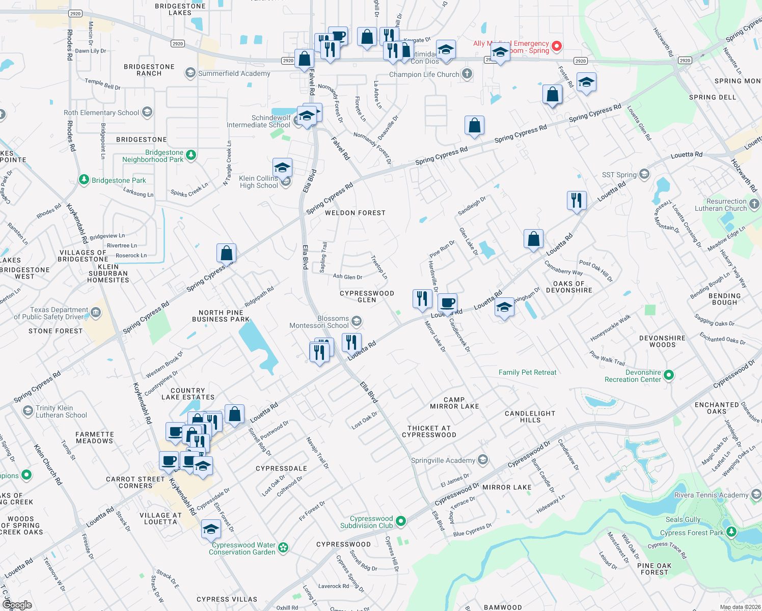 map of restaurants, bars, coffee shops, grocery stores, and more near 3607 Walnut Forest Lane in Spring