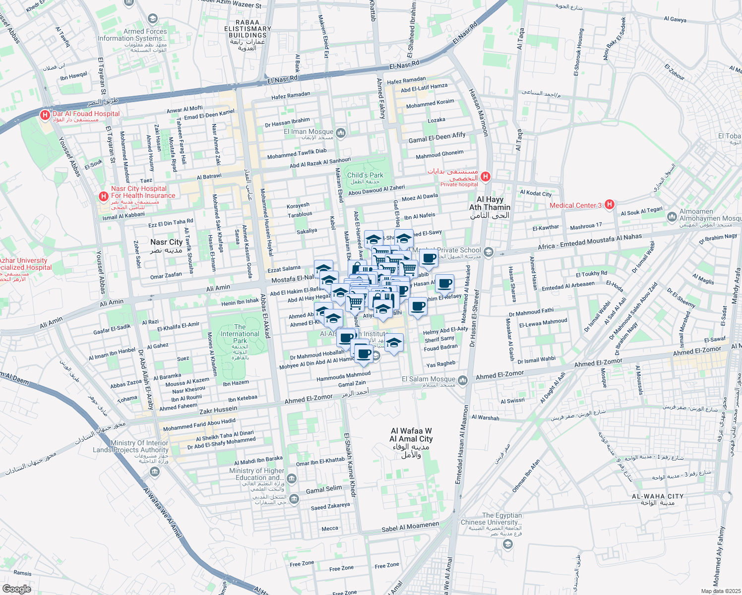 map of restaurants, bars, coffee shops, grocery stores, and more near Makram Ebeid in Nasr City