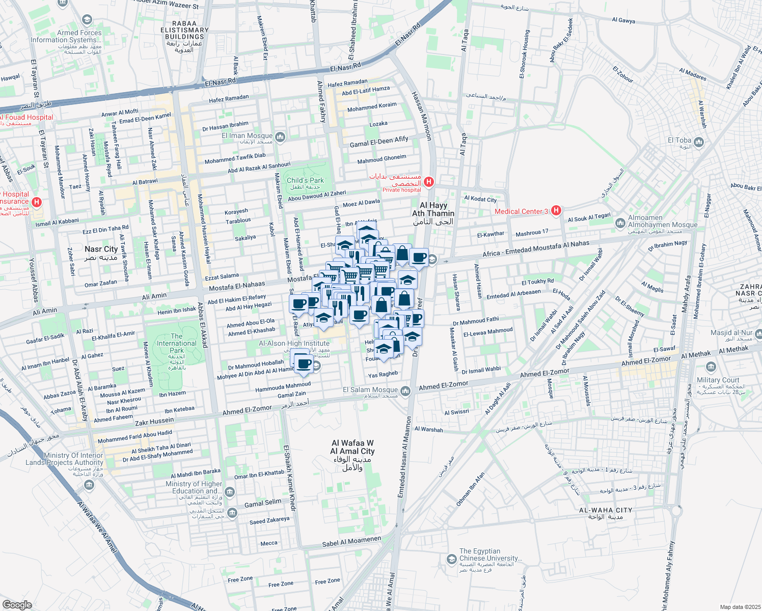 map of restaurants, bars, coffee shops, grocery stores, and more near 44 Ibrahim El-Refaey in Nasr City