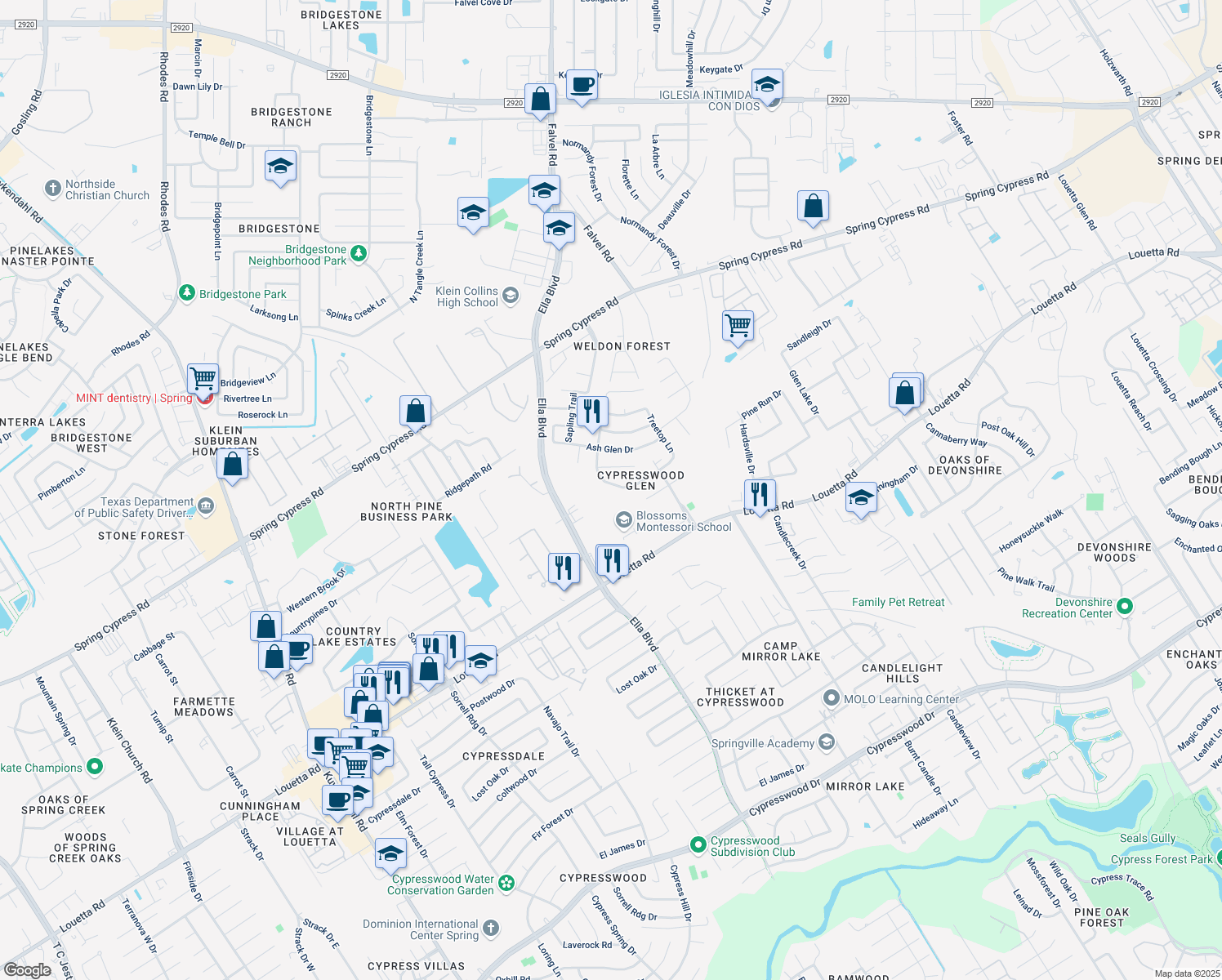 map of restaurants, bars, coffee shops, grocery stores, and more near 20115 Forest Drive in Spring