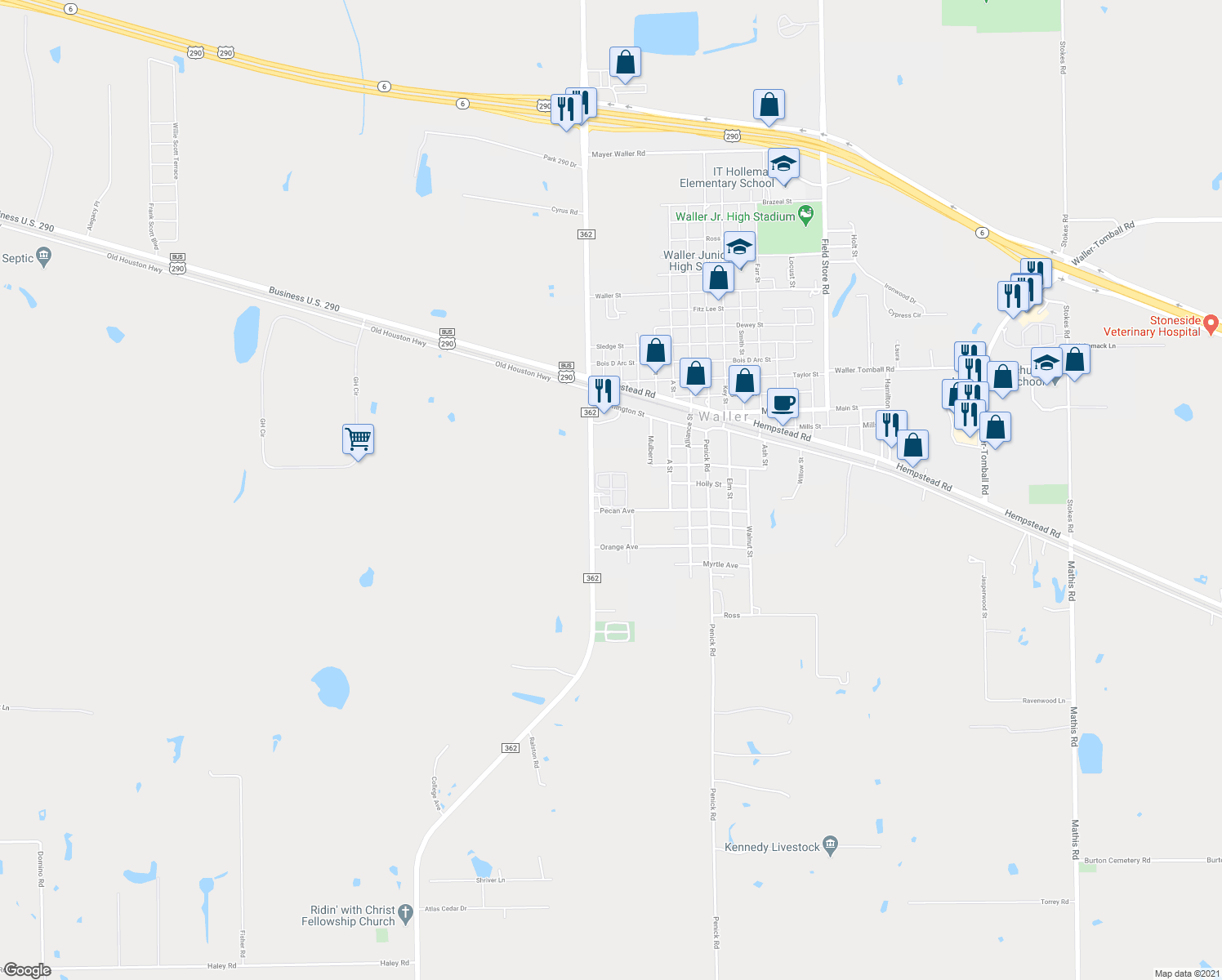 map of restaurants, bars, coffee shops, grocery stores, and more near 19610 Fm 362 Road in Waller
