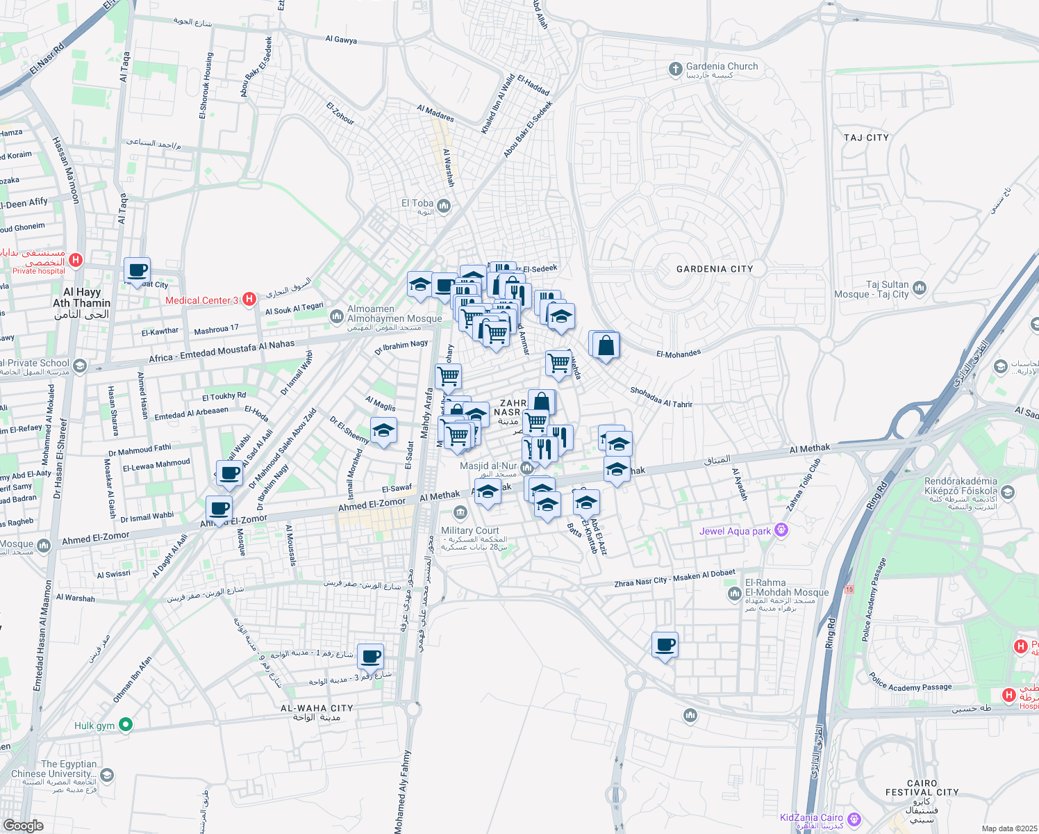 map of restaurants, bars, coffee shops, grocery stores, and more near in Nasr City